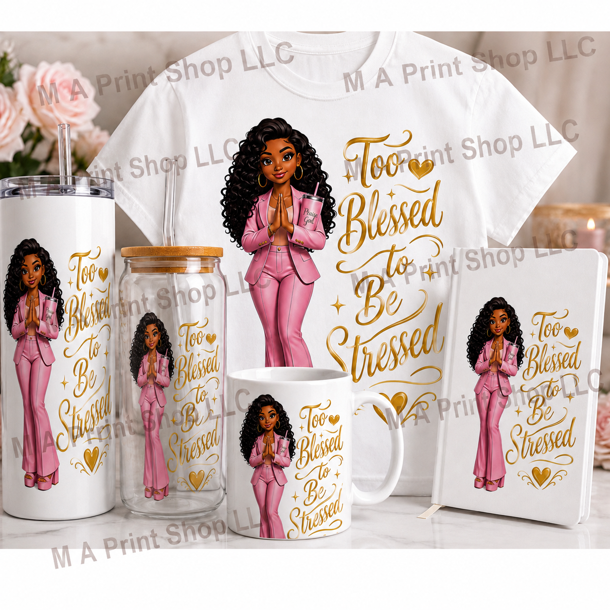 * Gold Too Blessed To Be Stressed PNG PDF | Metallic Gold Sublimation Graphic | M A Print Shop DTF
