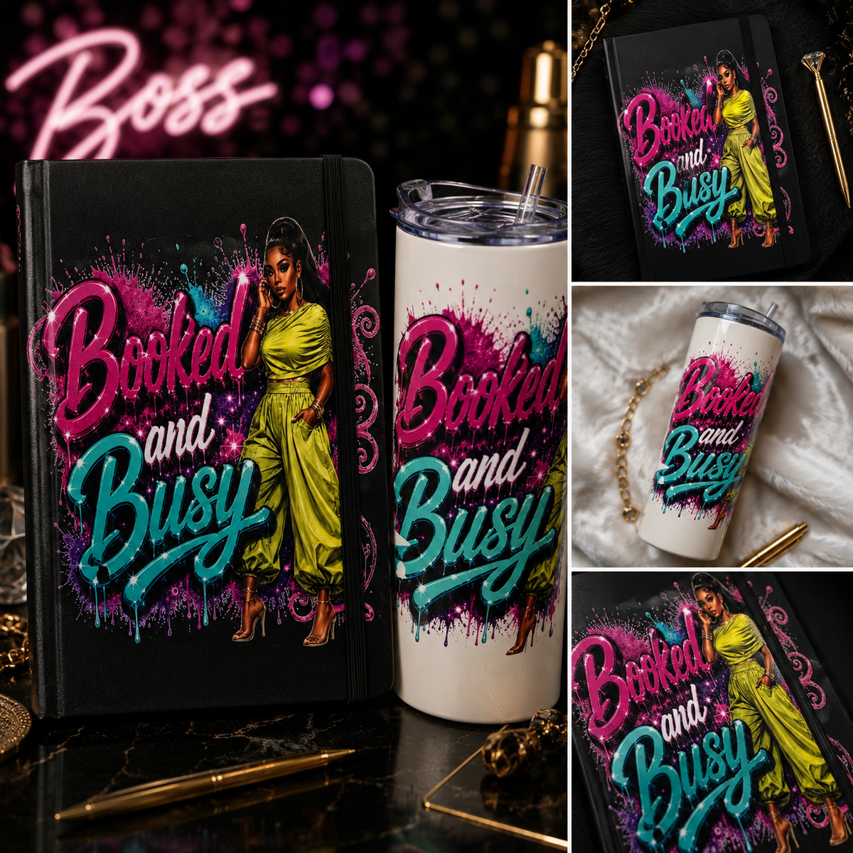 Booked & Busy Boss Girl UV DTF on Journals & Tumblers.