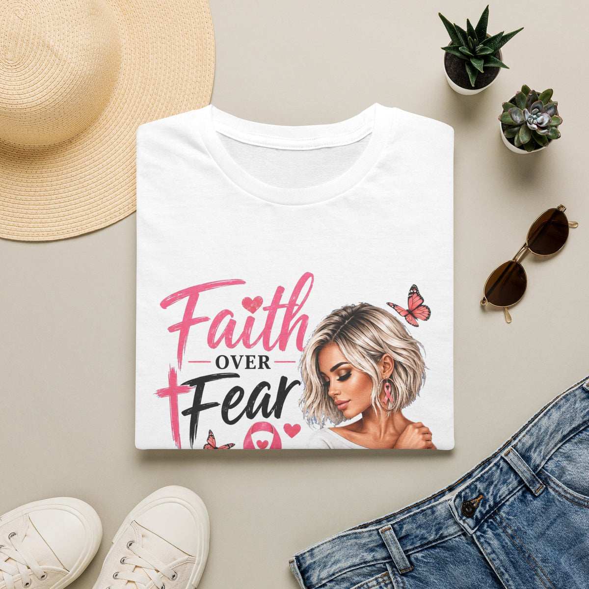 Faith Over Fear Breast Cancer Awareness Shirt | Survivor Shirt | Pink Ribbon T-Shirt | She Fights She Prays She Believes