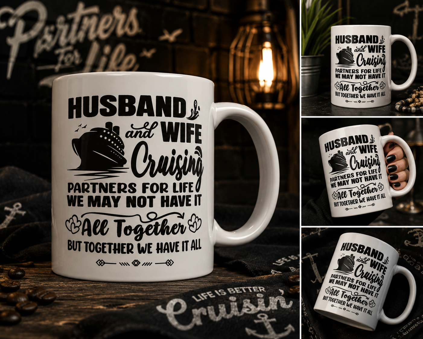 Husband And Wife Cruising Partners For Life" Funny Coffee Mug - Sarcastic Premium Ceramic Novelty Cup, Fade-Proof Vacation Gift for Couples & Cruise Lovers