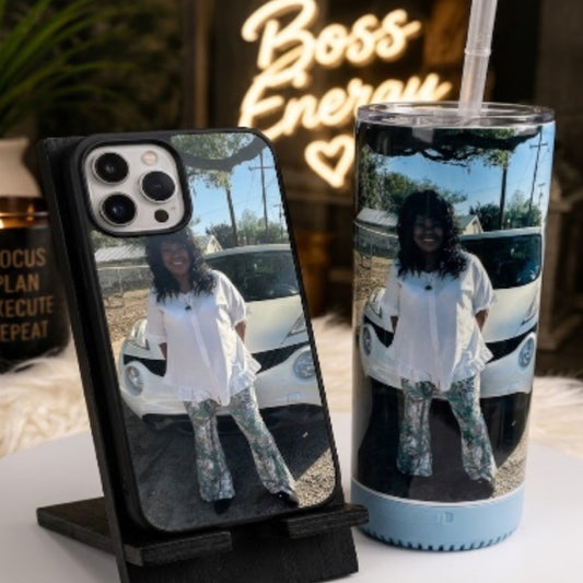 Custom Photo or Business Logo Gift Set – Bluetooth Speaker Tumbler & Matching Phone Case