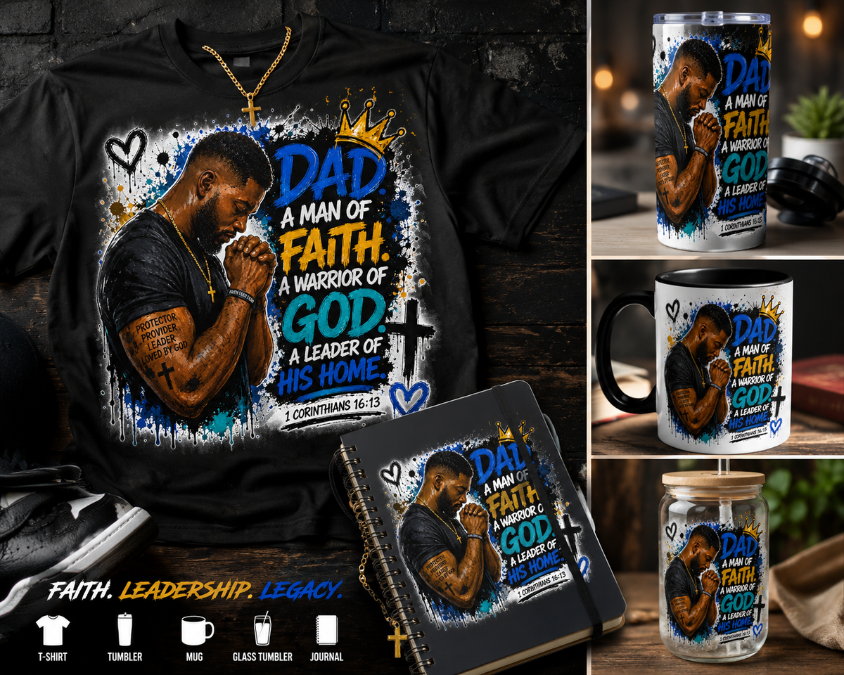 Christian Dad Gift Collection – Man of Faith Warrior of God T-Shirt, Tumbler, Mug, Glass Jar, Journal | Father’s Day, Religious Gifts for Husband & Blessings