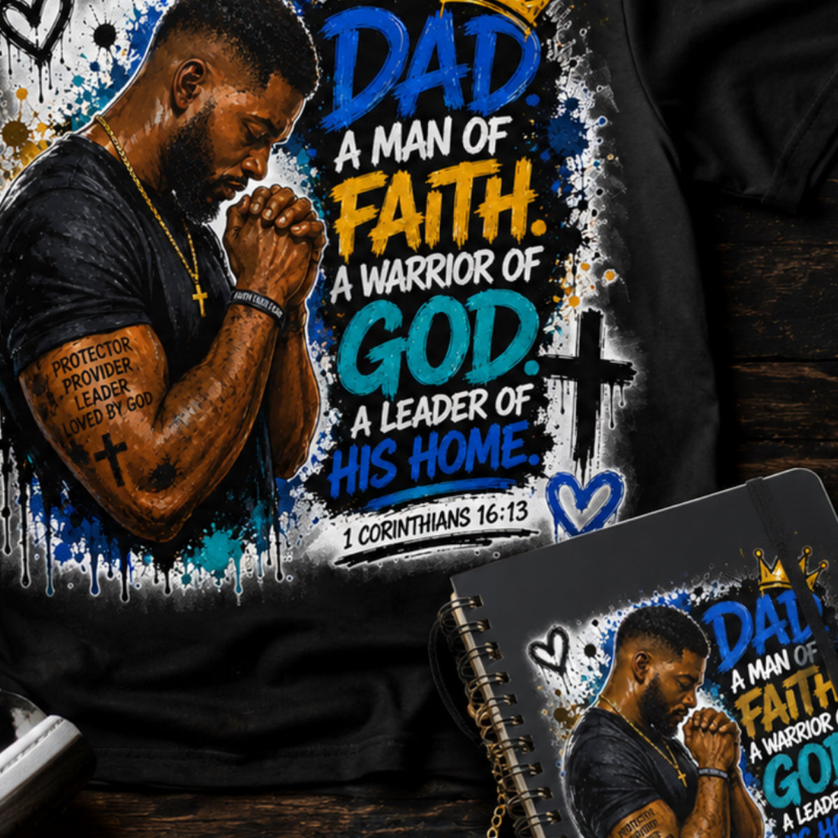 Christian Dad Gift Collection – Man of Faith Warrior of God T-Shirt, Tumbler, Mug, Glass Jar, Journal | Father’s Day, Religious Gifts for Husband & Blessings