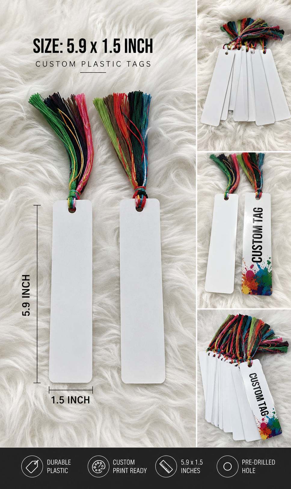 Blank Plastic Bookmarks with Tassels (5.9 x 1.5 Inch) • Custom Print-Ready DIY Craft Tags for Reading, Journaling, and Gifts