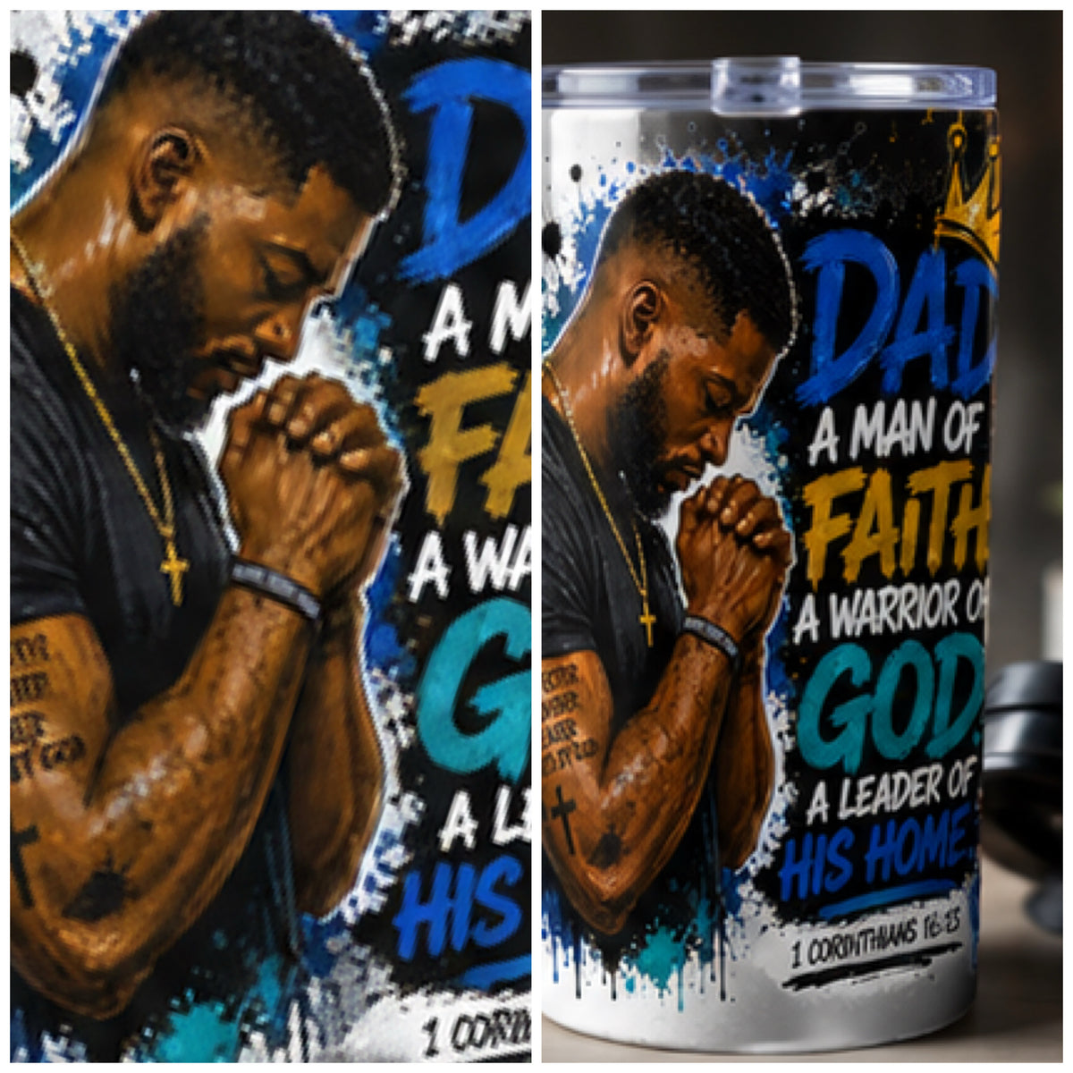 Christian Dad Gift Collection – Man of Faith Warrior of God T-Shirt, Tumbler, Mug, Glass Jar, Journal | Father’s Day, Religious Gifts for Husband & Blessings