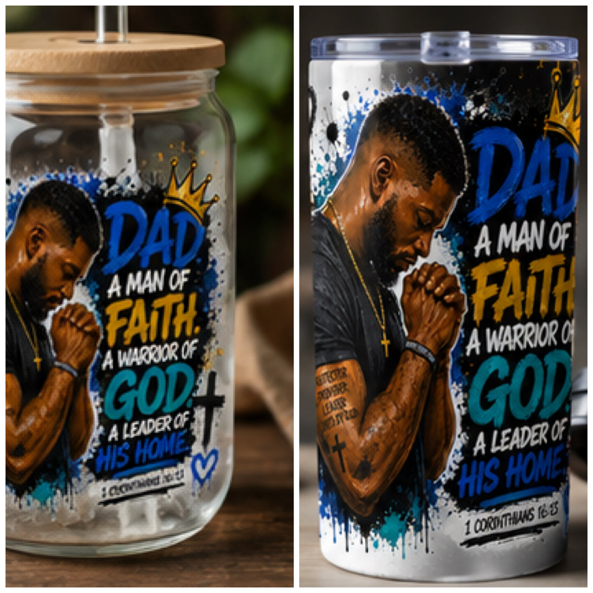 Christian Dad Gift Collection – Man of Faith Warrior of God T-Shirt, Tumbler, Mug, Glass Jar, Journal | Father’s Day, Religious Gifts for Husband & Blessings