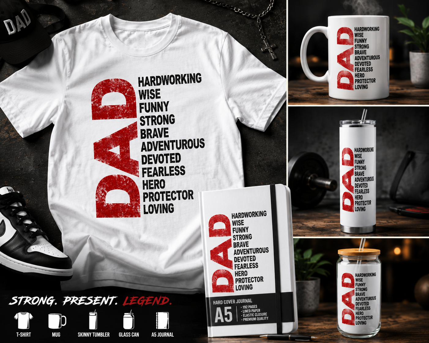 Custom Dad Acronym T-Shirt and Drinkware Gift Set | Personalized Father’s Day Gift | Hardworking Brave Hero Dad Mug, Tumbler, & Journal | Birthday Gifts for Dad