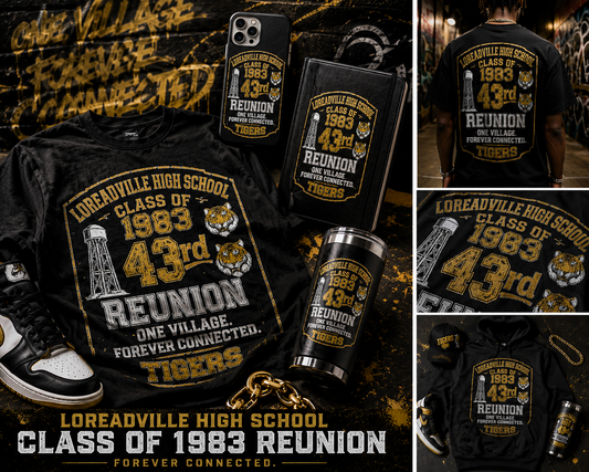 Loreauville High School Class of 1983 43rd Reunion gear! T-shirts, iPhone 17 Pro Max cases, A5 journals, glass cups, and 20oz powder-coated tumblers.