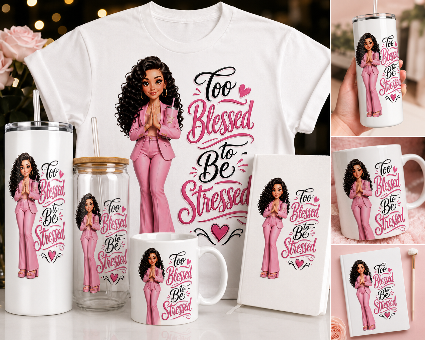 Too Blessed To Be Stressed Custom Product | White Christian Boss Babe Graphic | Skinny Tumbler, Ceramic Mug, Glass Tumbler, A5 Journal, T-Shirt | Faith Gift Set