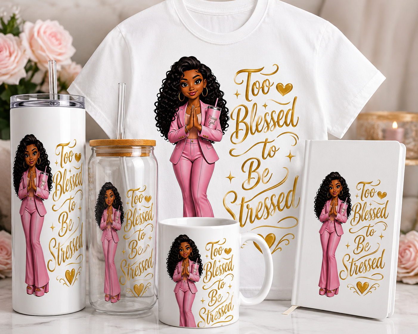 Too Blessed To Be Stressed Custom Product | Black Christian Boss Babe Graphic | Skinny Tumbler, Ceramic Mug, Glass Tumbler, A5 Journal, T-Shirt | Faith Gift Set