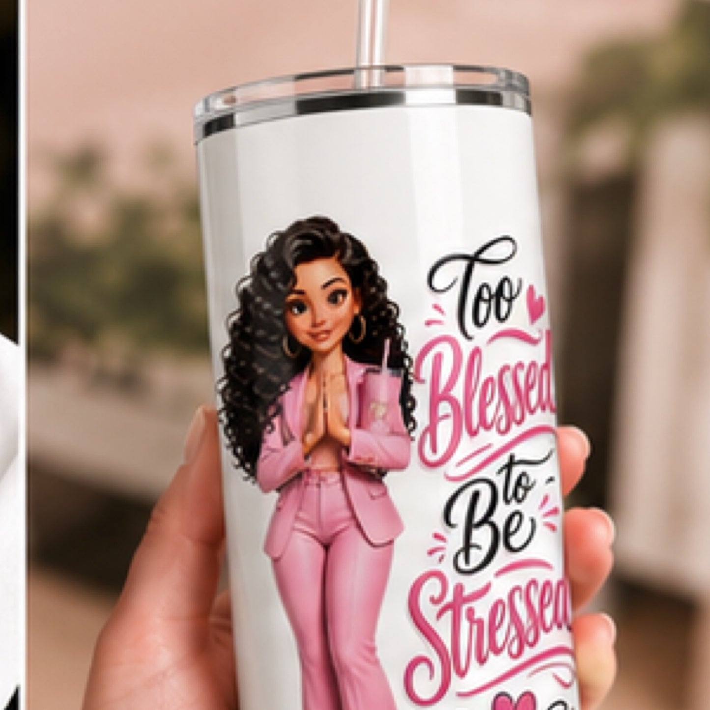 Too Blessed To Be Stressed Custom Product | White Christian Boss Babe Graphic | Skinny Tumbler, Ceramic Mug, Glass Tumbler, A5 Journal, T-Shirt | Faith Gift Set