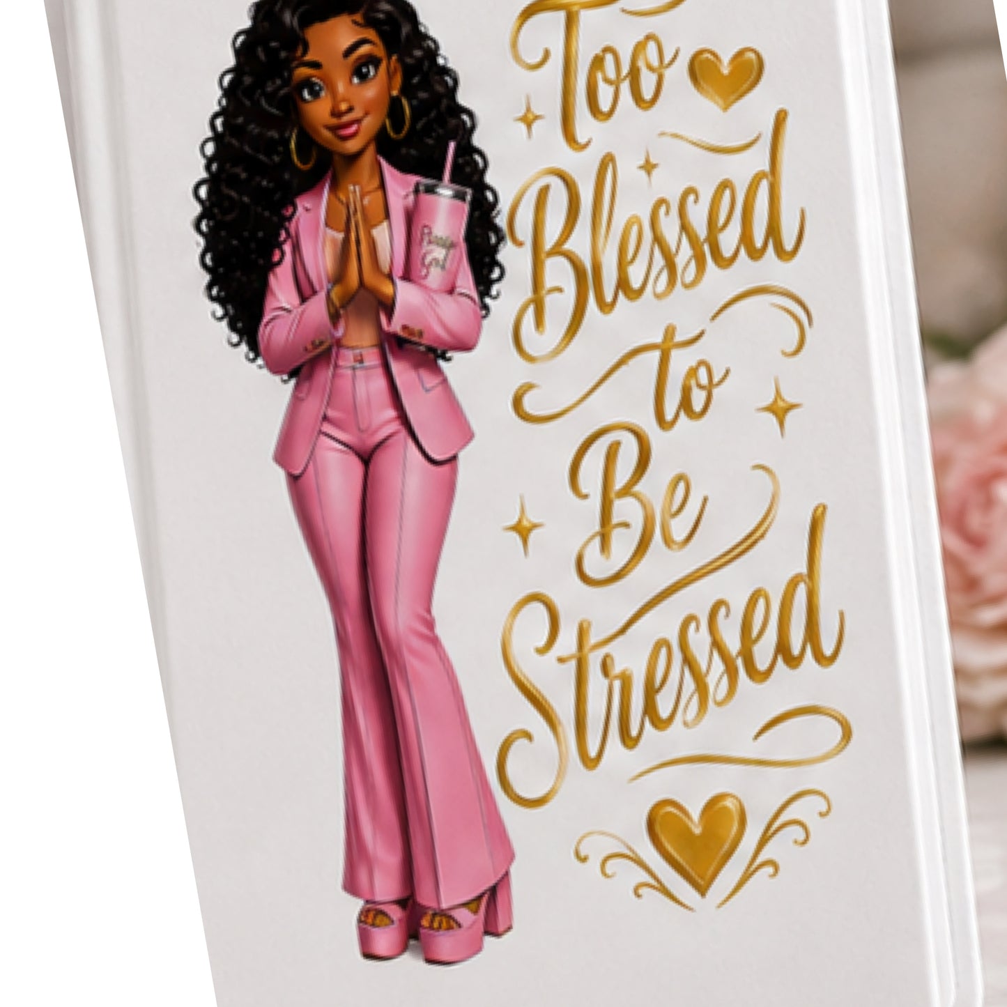 Too Blessed To Be Stressed Custom Product | Black Christian Boss Babe Graphic | Skinny Tumbler, Ceramic Mug, Glass Tumbler, A5 Journal, T-Shirt | Faith Gift Set