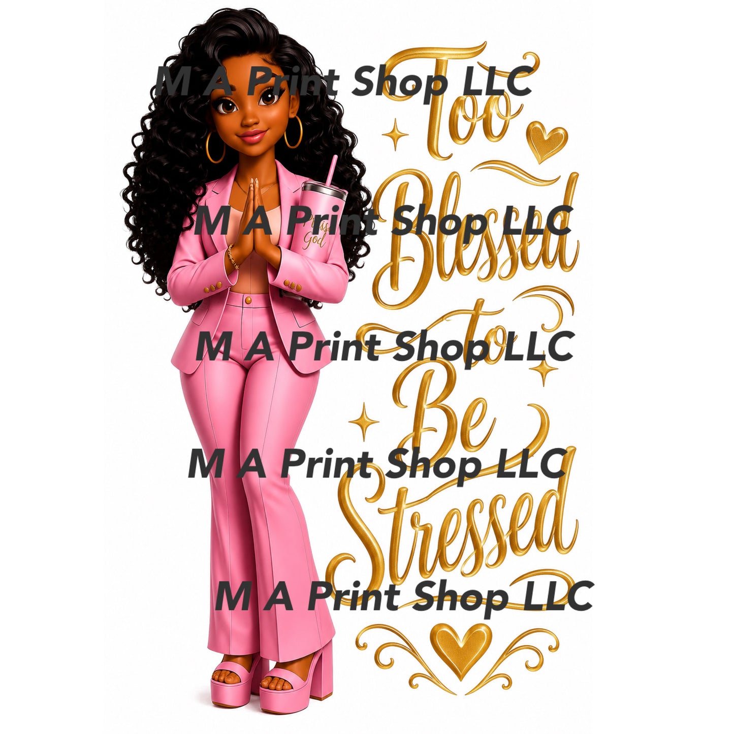 * Gold Too Blessed To Be Stressed PNG PDF | Metallic Gold Sublimation Graphic | M A Print Shop DTF