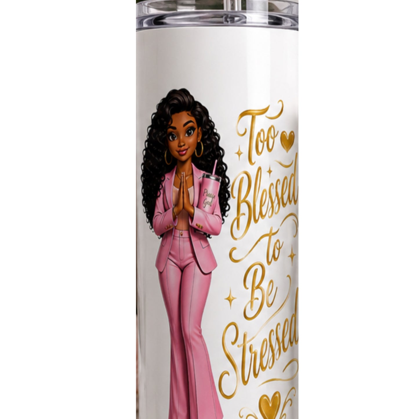 Too Blessed To Be Stressed Custom Product | Black Christian Boss Babe Graphic | Skinny Tumbler, Ceramic Mug, Glass Tumbler, A5 Journal, T-Shirt | Faith Gift Set