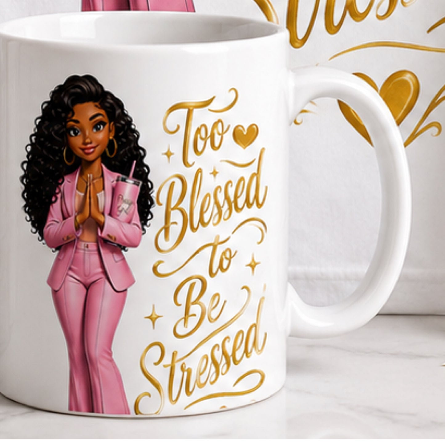Too Blessed To Be Stressed Custom Product | Black Christian Boss Babe Graphic | Skinny Tumbler, Ceramic Mug, Glass Tumbler, A5 Journal, T-Shirt | Faith Gift Set