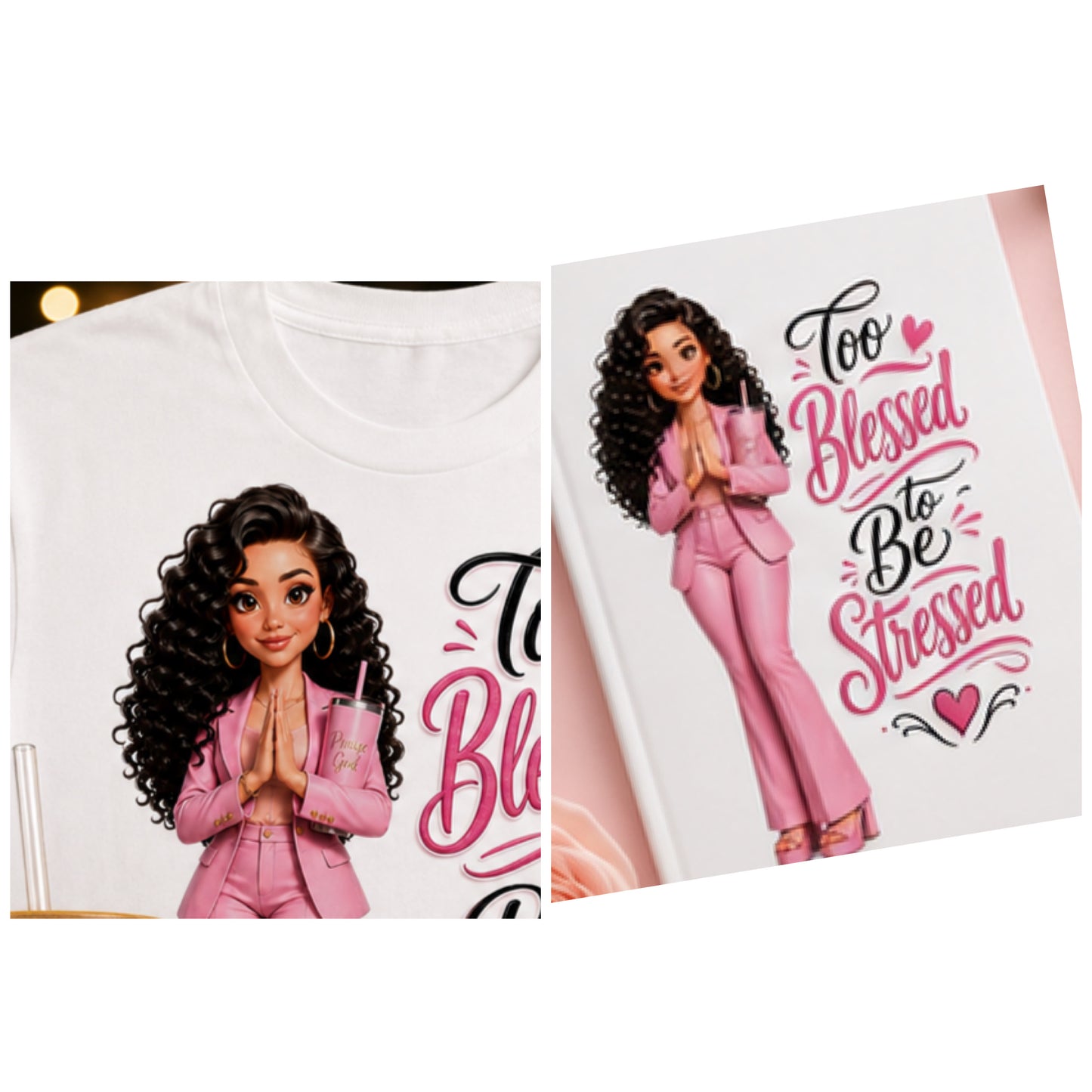 Too Blessed To Be Stressed Custom Product | White Christian Boss Babe Graphic | Skinny Tumbler, Ceramic Mug, Glass Tumbler, A5 Journal, T-Shirt | Faith Gift Set